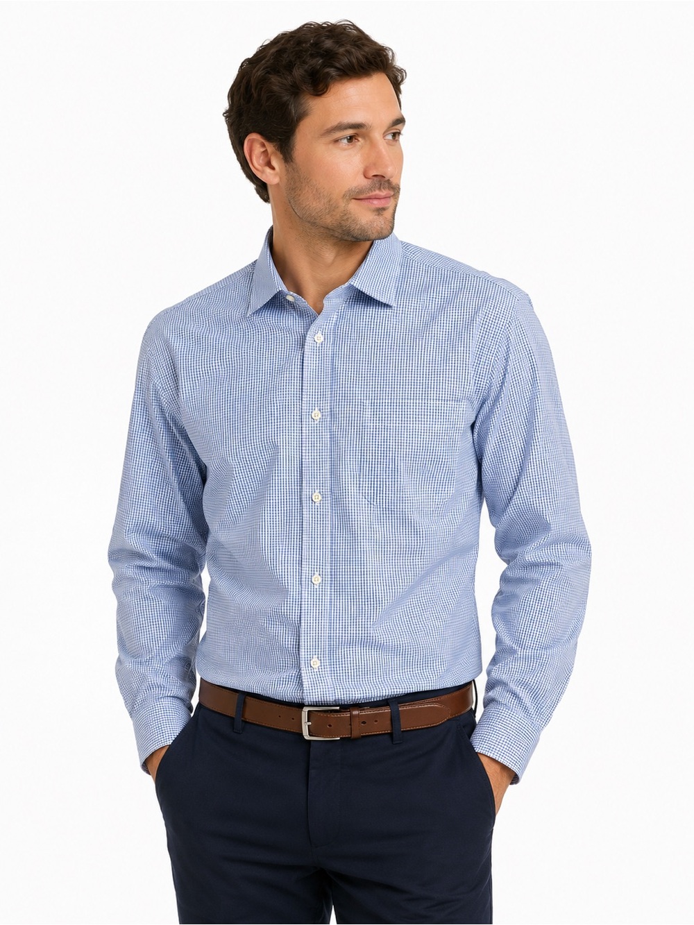 Brooks Brothers Men's Light Blue Micro-Check Dress Shirt - Long Sleeve